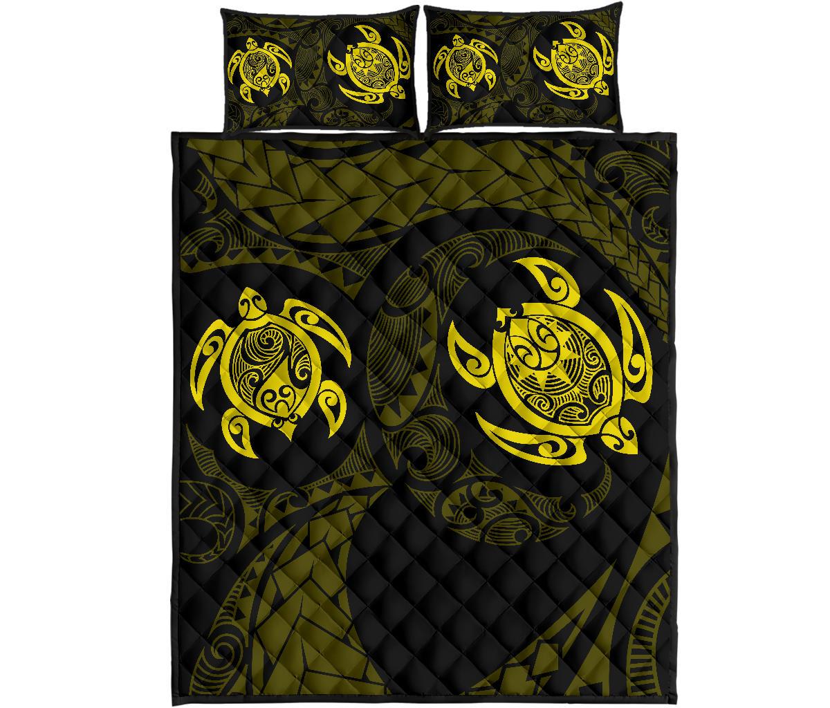 Hawaii Polynesian Turtle Quilt Bed Set Yellow Black - Polynesian Pride