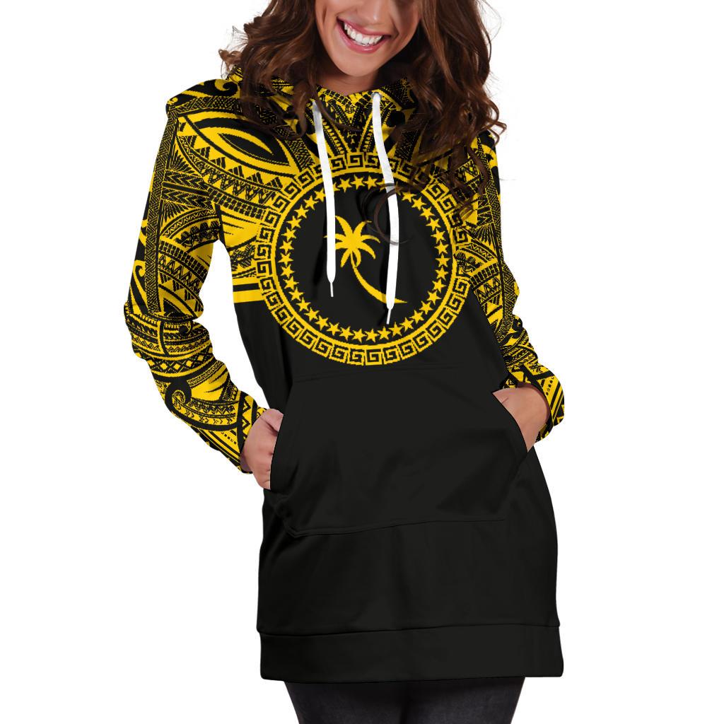 Chuuk Women Hoodie Dress - Chuuk Coat Of Arms Polynesian Gold Black - Polynesian Pride