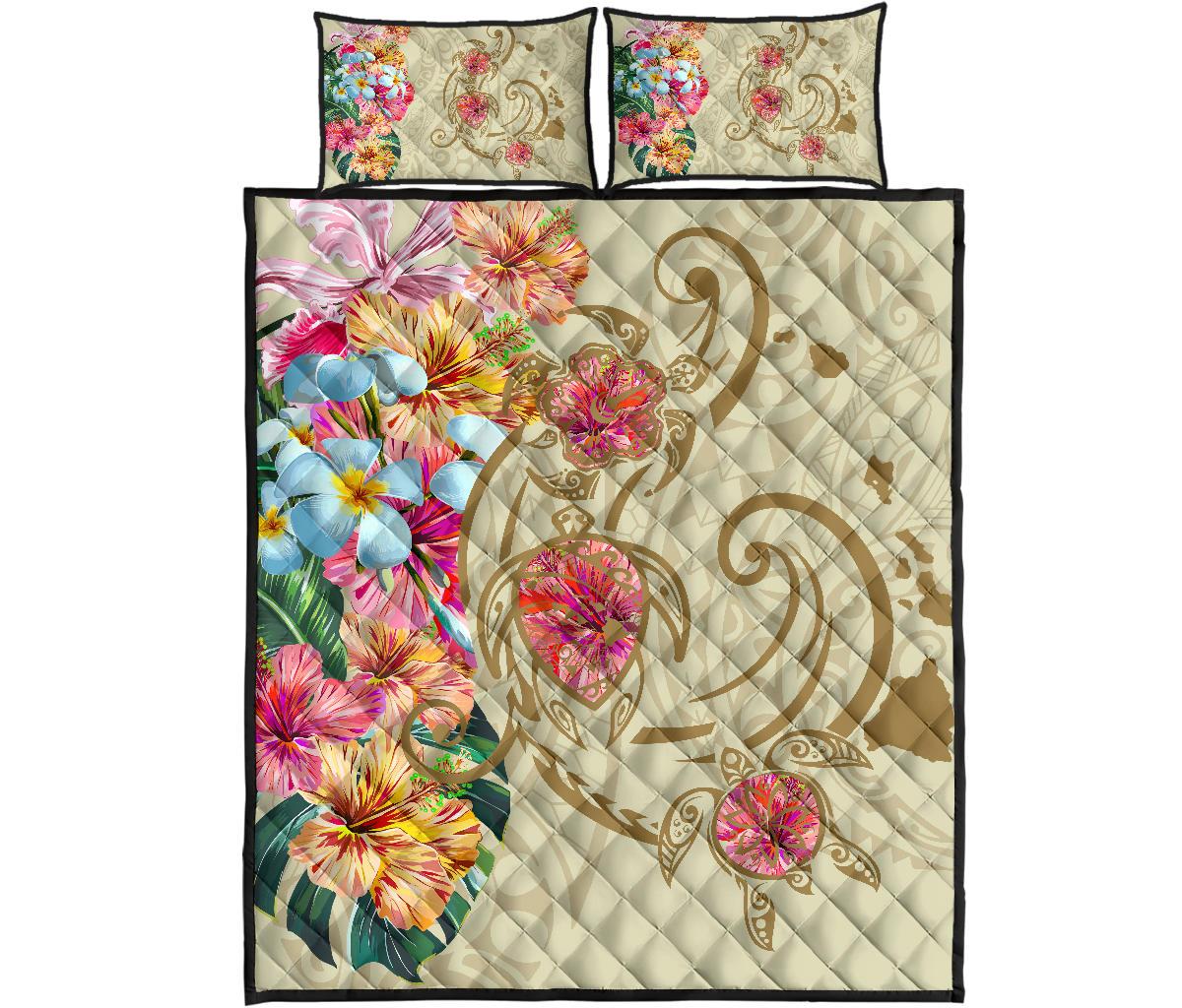 Hawaii Triple Marble Turtle Polynesian Hibiscus Quilt Bed Set - AH - Benjamin Style - Beige - Polynesian Pride