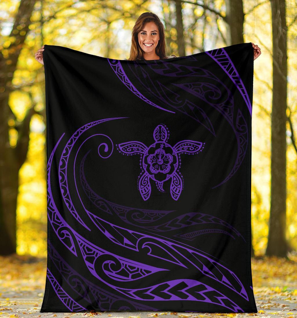Hawaii Turtle Hibicus Premium Blanket - Frida Style - Purple - Polynesian Pride