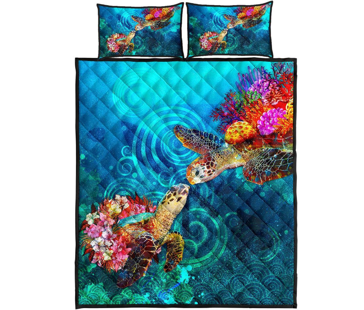 Hawaii Polynesian Quilt Bed Set - Sea Turtle Coral Treasure Blue - Polynesian Pride