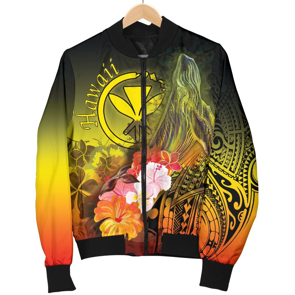 Polynesian Hawaii Men's Bomber Jacket - Kanaka Maoli Humpback Whale with Tropical Flowers (Yellow) - Polynesian Pride