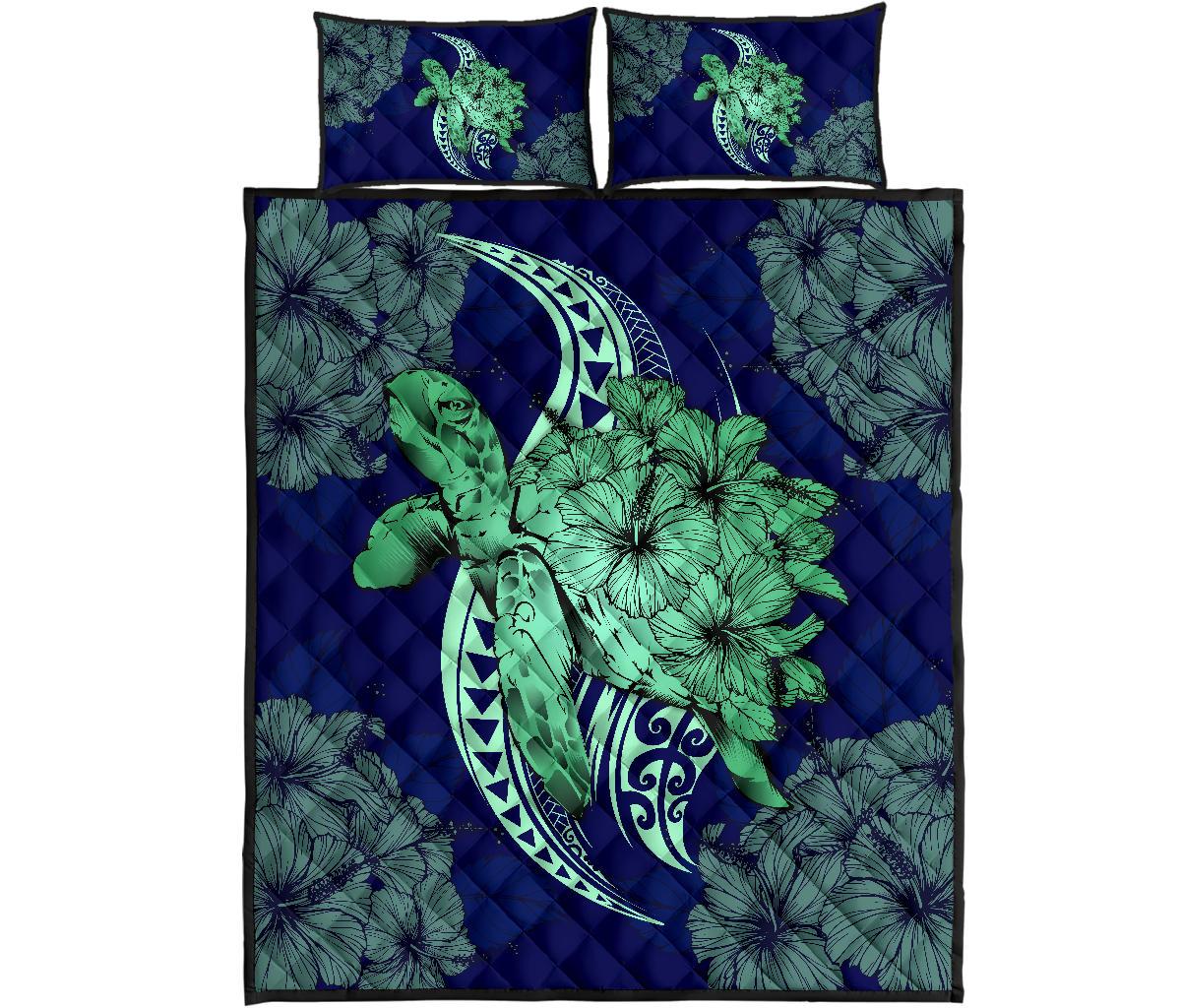 Hawaii Polynesian Turtle Hibiscus Quilt Bed Set - Green Green - Polynesian Pride