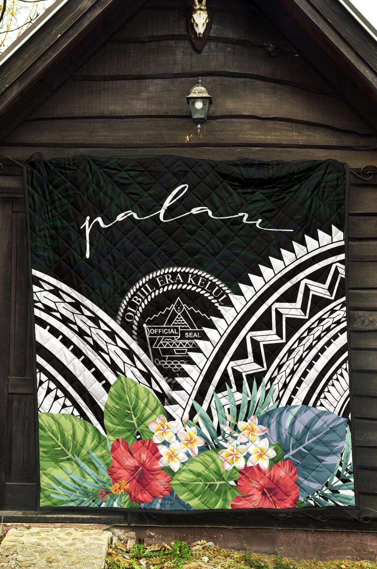 Palau Premium Quilt - Palau Coat of Arms & Polynesian Tropical Flowers White - Polynesian Pride