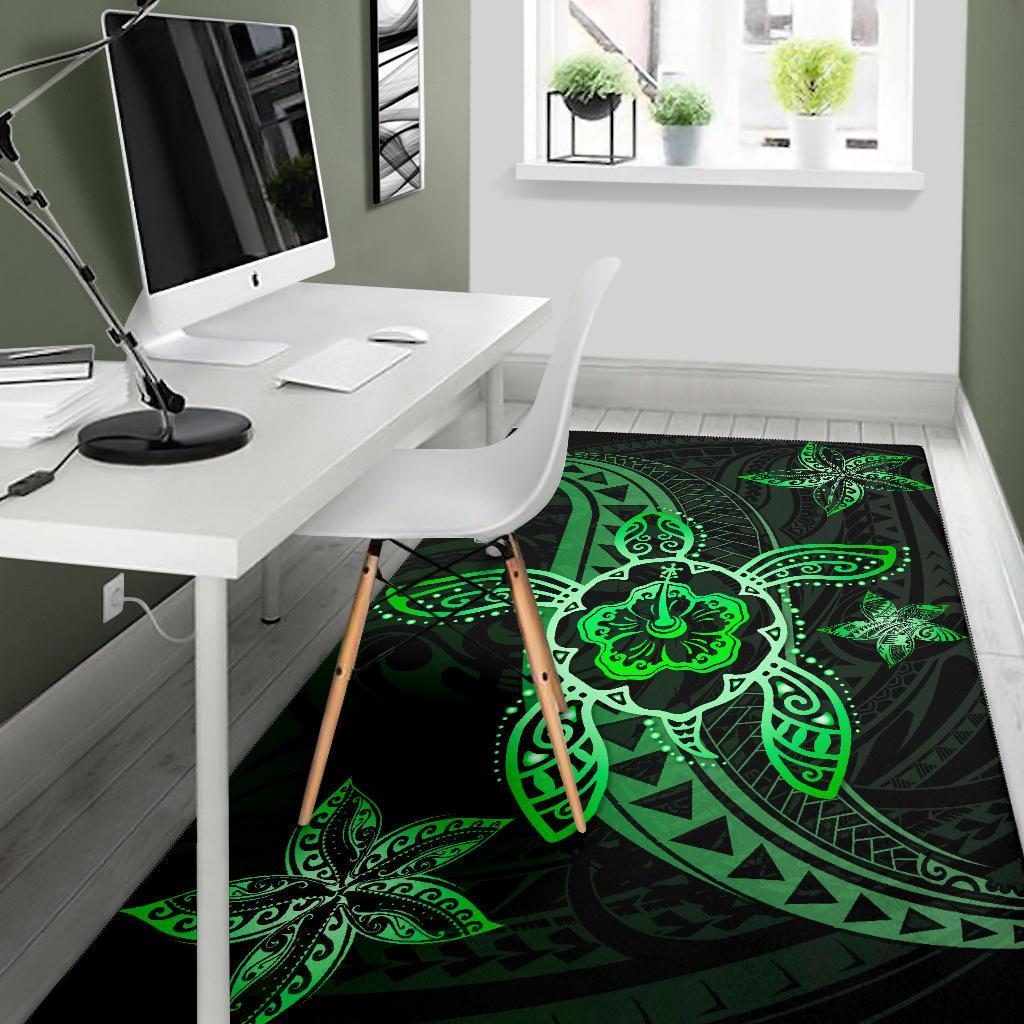Kanaka Map Hibiscus Plumeria Turtle Art Polynesian Area Rug Green AH - Polynesian Pride