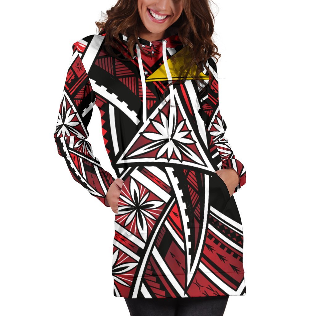 Tokelau Women's Hoodie Dress - Tribal Flower Special Pattern Red Color - Polynesian Pride