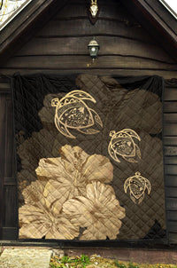 Hawaiian Map Turtle Hibiscus Vintage Polynesian Premium Quilt Gold - Polynesian Pride