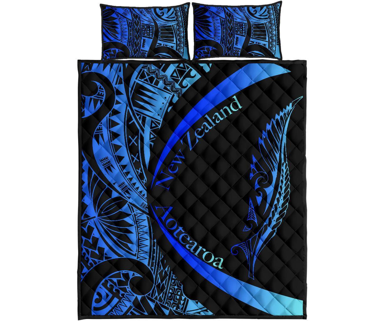 New Zealand Silver Fern Quilt Bed Set Maori Tattoo Circle Style - Blue Blue - Polynesian Pride