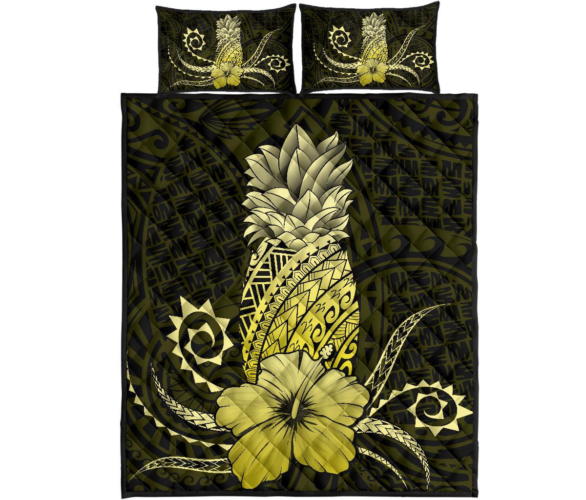 Hawaii Polynesian Pineapple Hibiscus Quilt Bed Set - Zela Style Yellow Yellow - Polynesian Pride