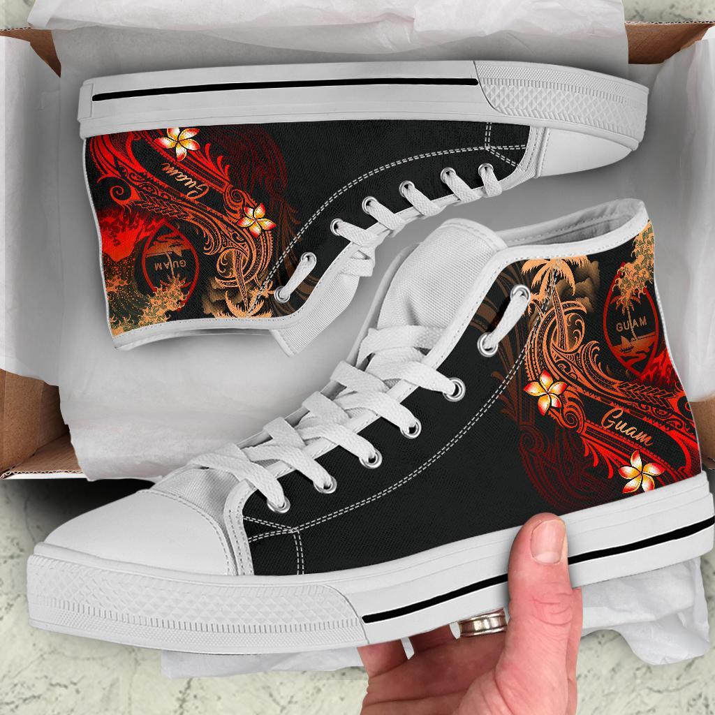 Guam Polynesian High Top Shoes - Plumeria Flowers And Waves - Polynesian Pride