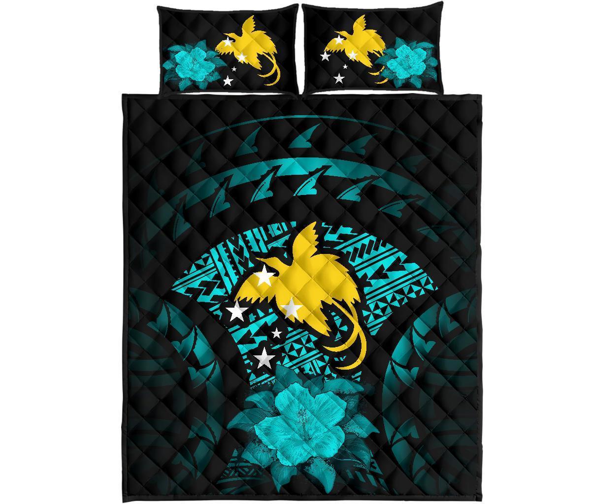 Papua New Guinea Polynesian Quilt Bed Set Hibiscus Turquoise - Polynesian Pride