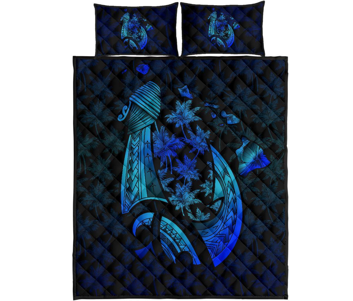 Hawaiian Map Palm Trees Fish Hook Polynesian Quilt Bedding Set Colorful Blue Blue - Polynesian Pride