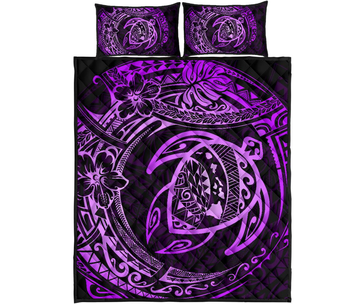 Hawaiian Map Turtle Polynesian Quilt Bedding Set Circle Purple Black - Polynesian Pride