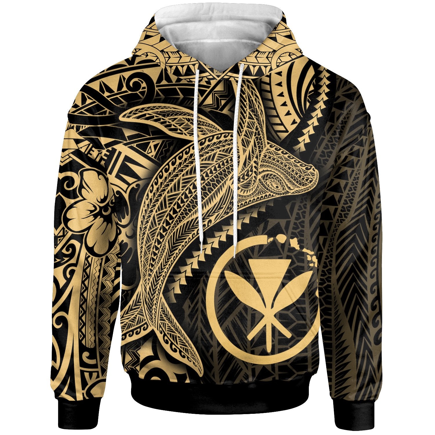 Hawaii Kanaka Maoli Map Hoodie Humpback Whale & Coat of Arms Gold Unisex Gold - Polynesian Pride