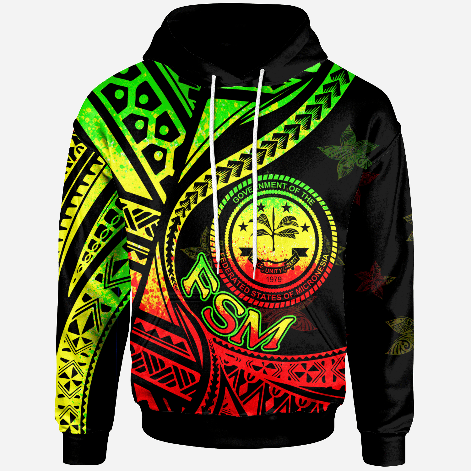 Federated States of Micronesia Hoodie Plumeria Flowers Raggage Version Unisex Black - Polynesian Pride