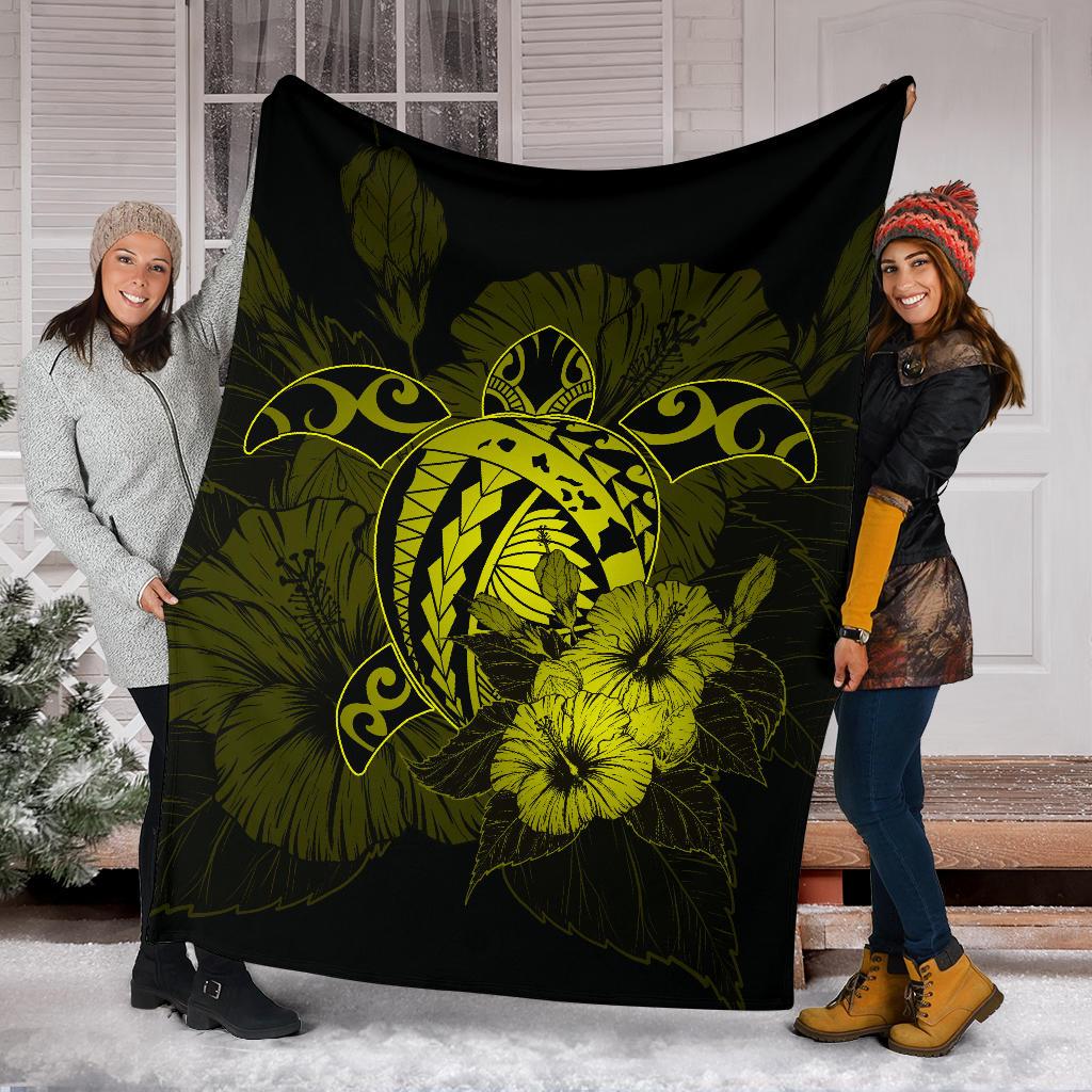 Hawaii Hibiscus Premium Blanket - Harold Turtle - Yellow - Polynesian Pride
