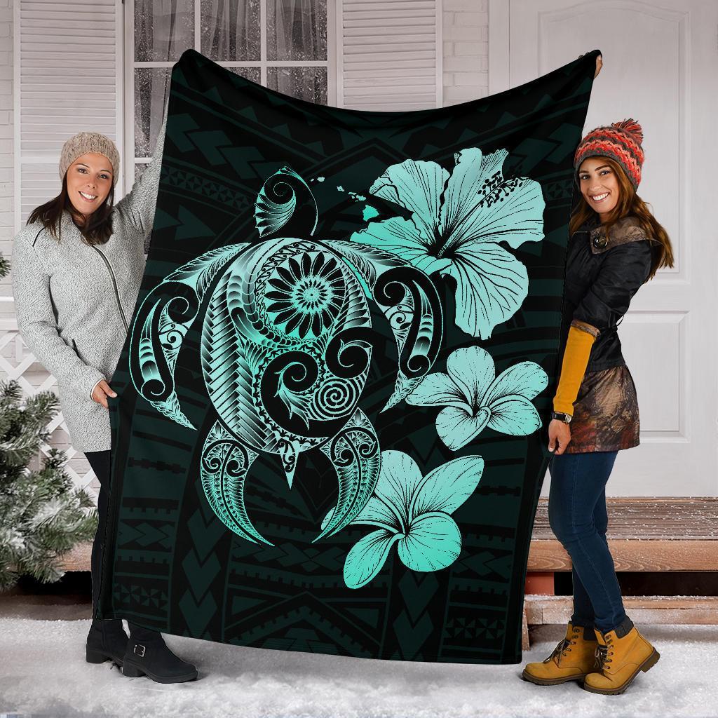 Hibiscus Plumeria Mix Polynesian Turquoise Turtle Premium Blanket - Polynesian Pride