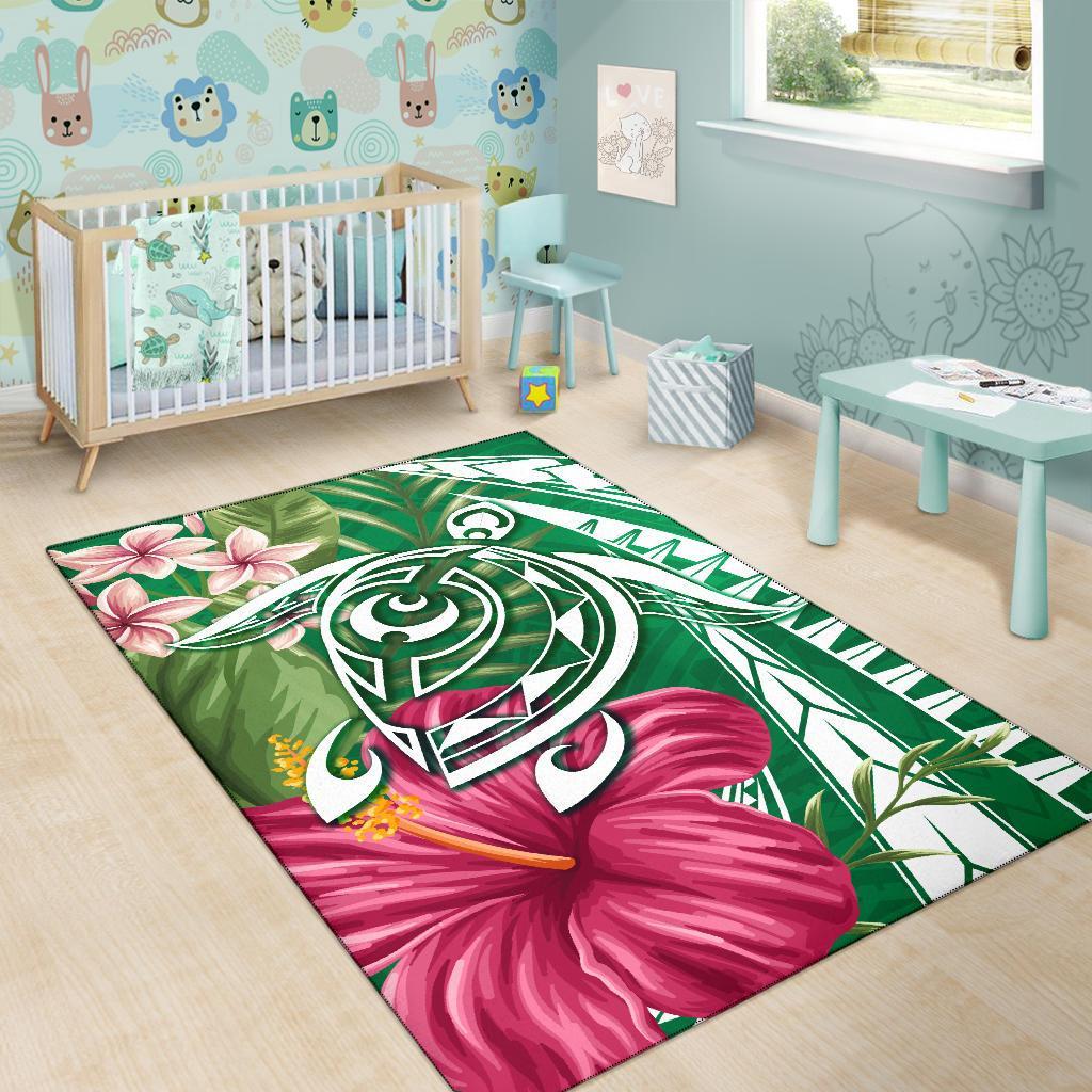 Hawaii Polynesian Turtle Tropical Hibiscus Plumeria Rug - Green - Polynesian Pride