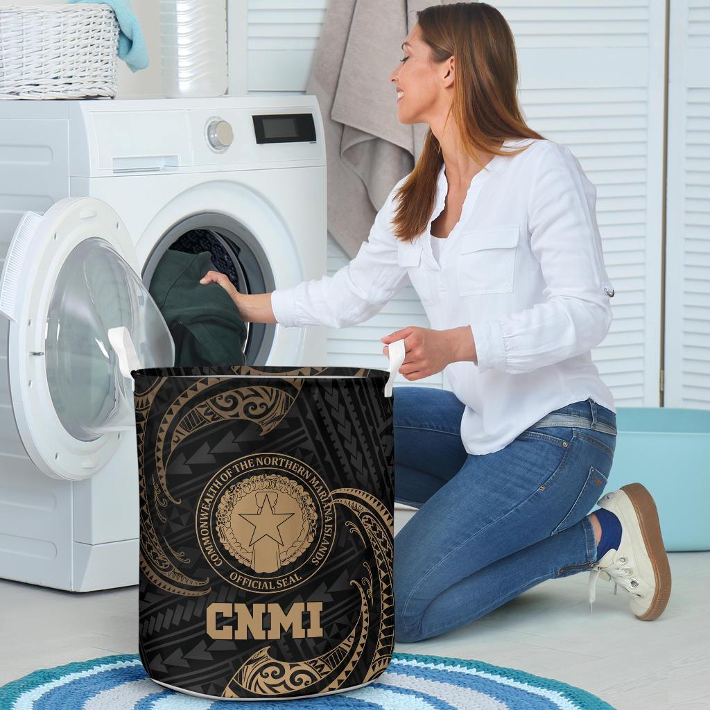 Northern Mariana Islands Polynesian Laundry Basket - Gold Tribal Wave - Polynesian Pride