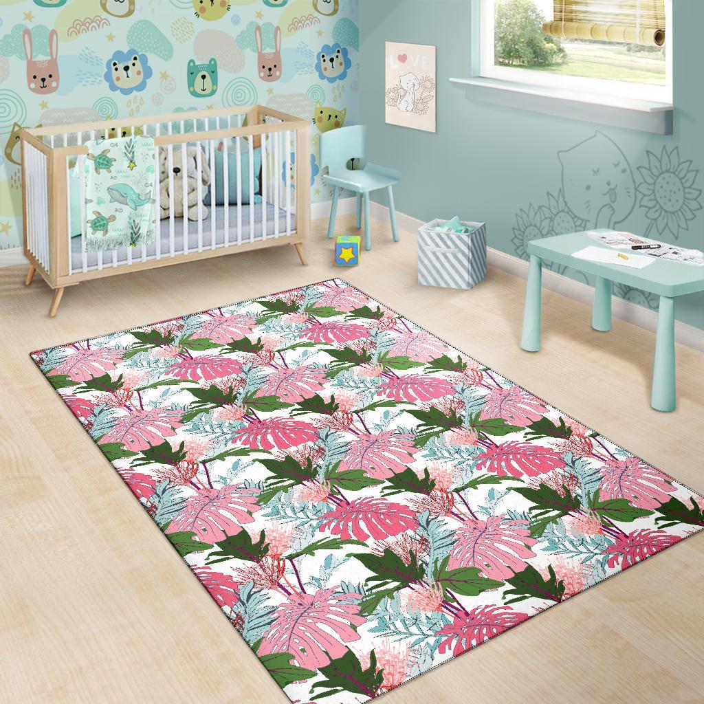 Pink Monstera And Green Tropical Leaves White Rug - Polynesian Pride