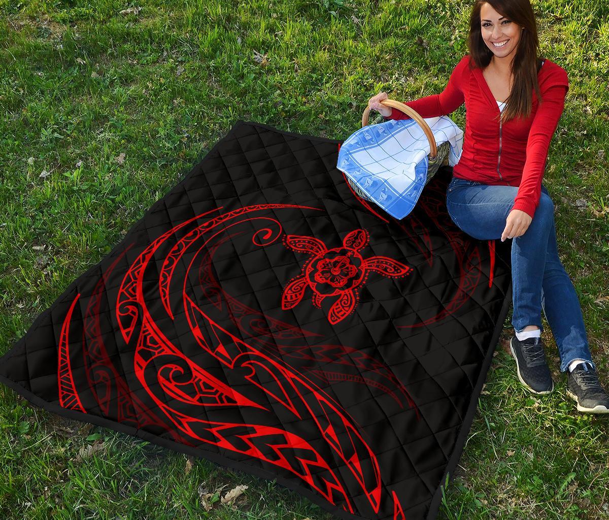 Hawaii Turtle Hibicus Premium Quilt - Frida Style - Red - Polynesian Pride