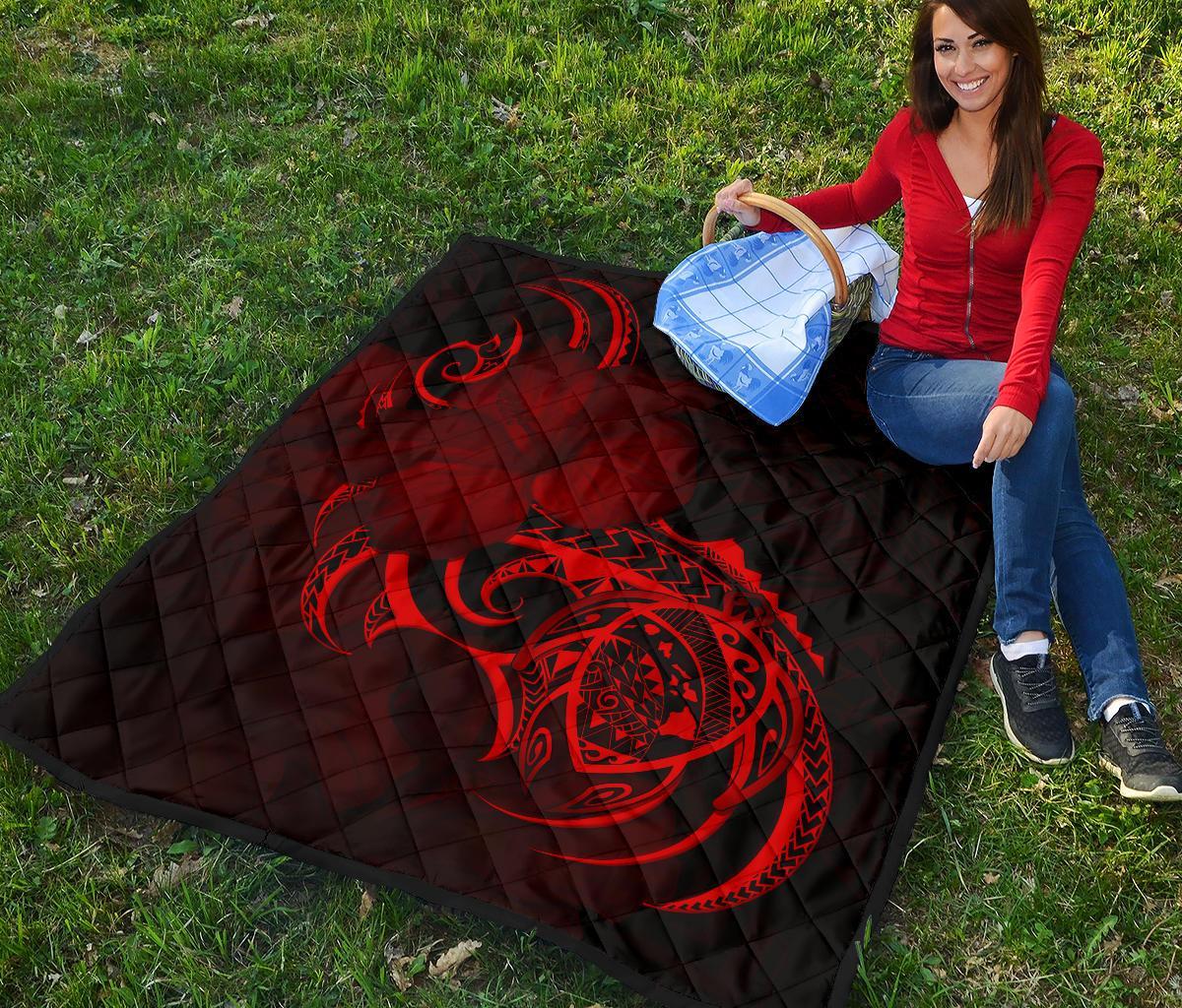 Hawaii Map Turtle Hibiscus Divise Red Polynesian Premium Quilt - Polynesian Pride