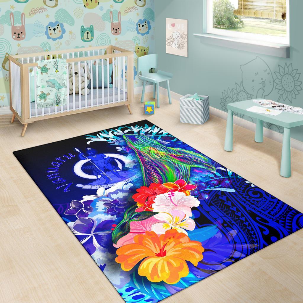Vanuatu Area Rug - Humpback Whale with Tropical Flowers (Blue) - Polynesian Pride