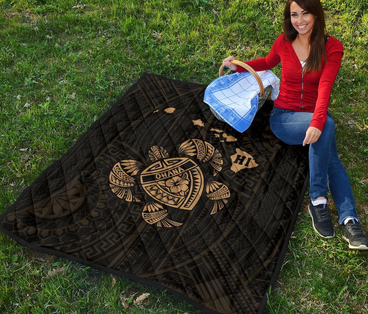 Hawaii Turtle Hibicus Map Premium Quilt - Gold - Polynesian Pride