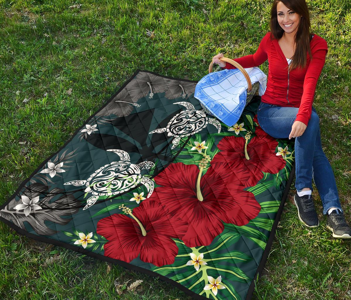 Hawaii Map Turtle Hibiscus Plumeria Polynesian - Premium Quilt AH - Polynesian Pride