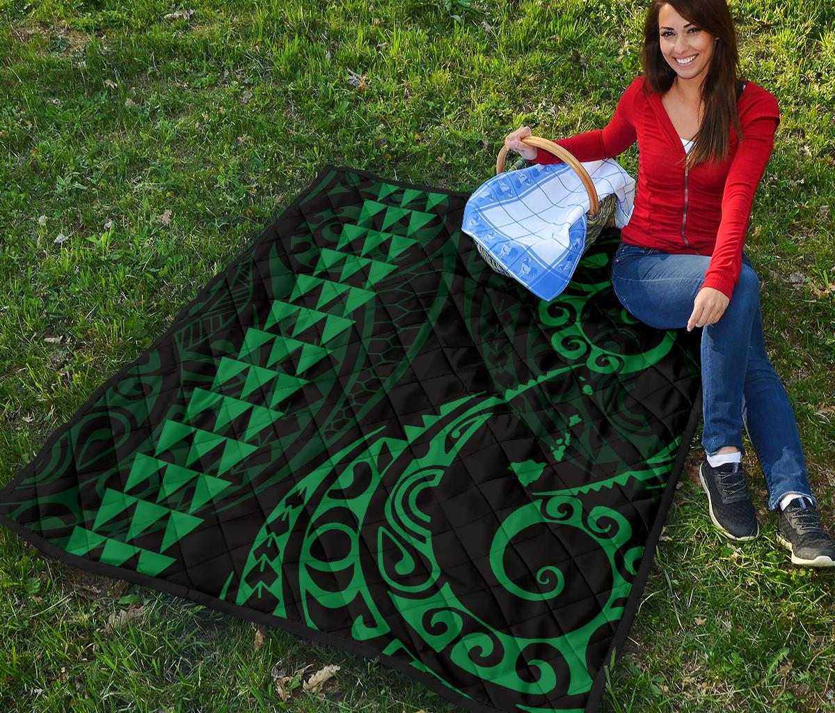Hawaii Kakau Green Polynesian Premium Quilt - Polynesian Pride