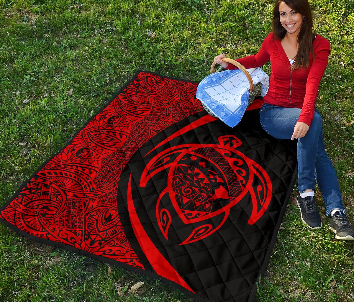 Hawaii Turtle Map Polynesian Premium Quilt - Red - Circle Style - Polynesian Pride