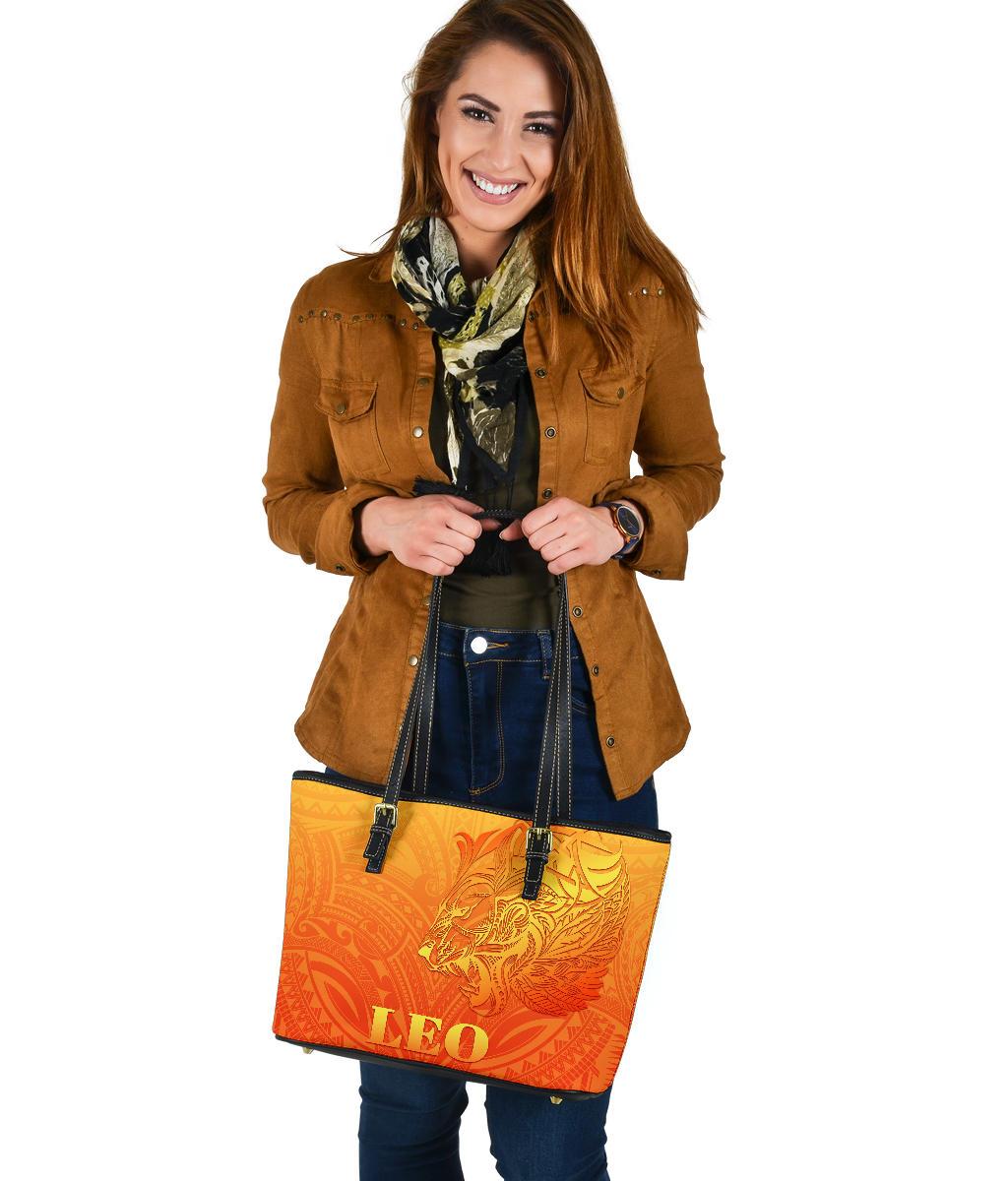 Sun In Leo Zodiac Small Leather Tote Polynesian Tattoo Simple - Orange - Polynesian Pride