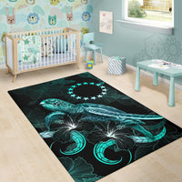 Cook Islands Polynesian Area Rugs - Turtle With Blooming Hibiscus Turquoise - Polynesian Pride