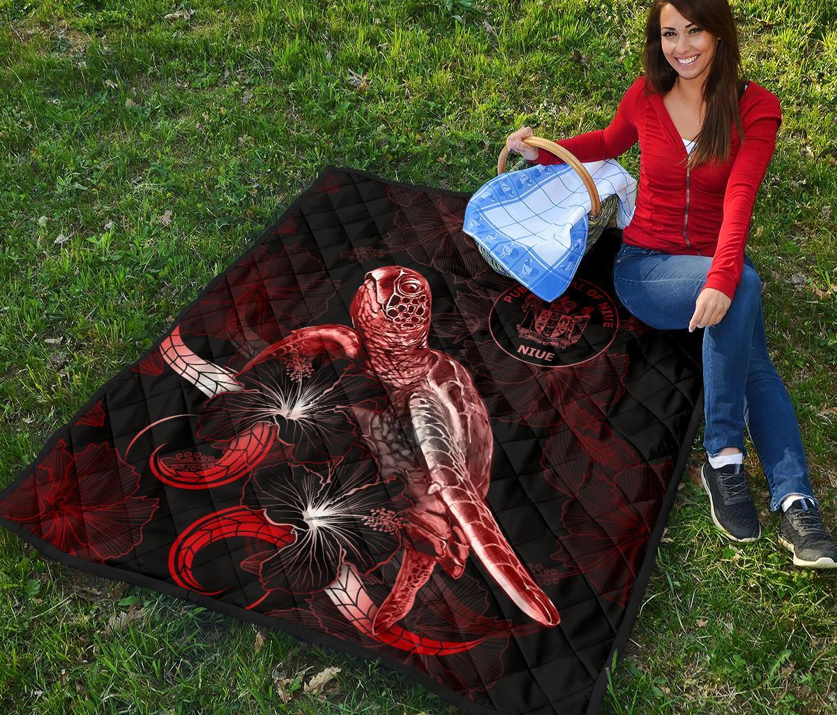 Niue Polynesian Premium Quilt - Turtle With Blooming Hibiscus Red - Polynesian Pride