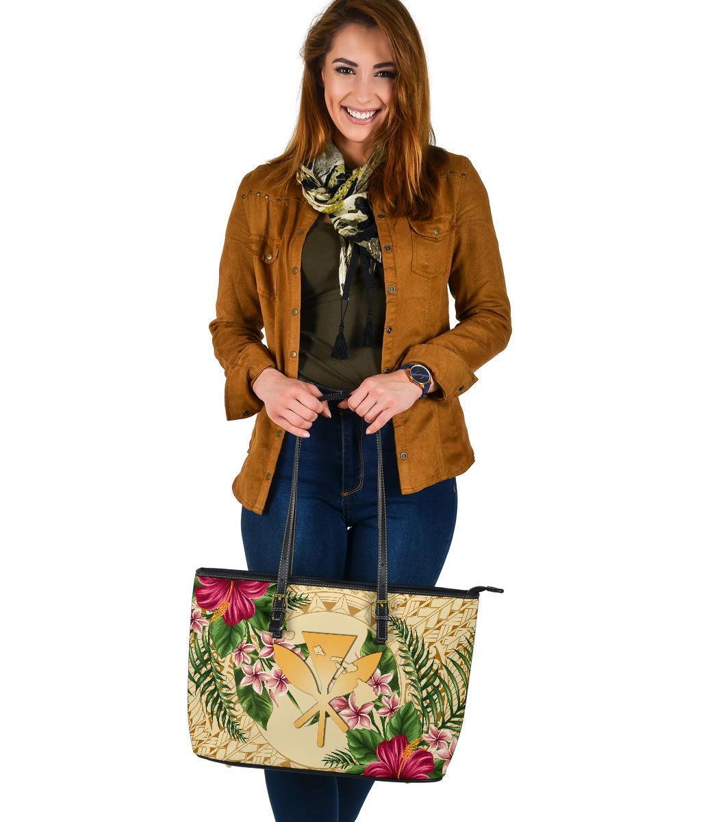 Hawaii Leather Tote - Kanaka Maoli Large Leather Tote Strong Pattern Hibiscus Plumeria AH - Polynesian Pride