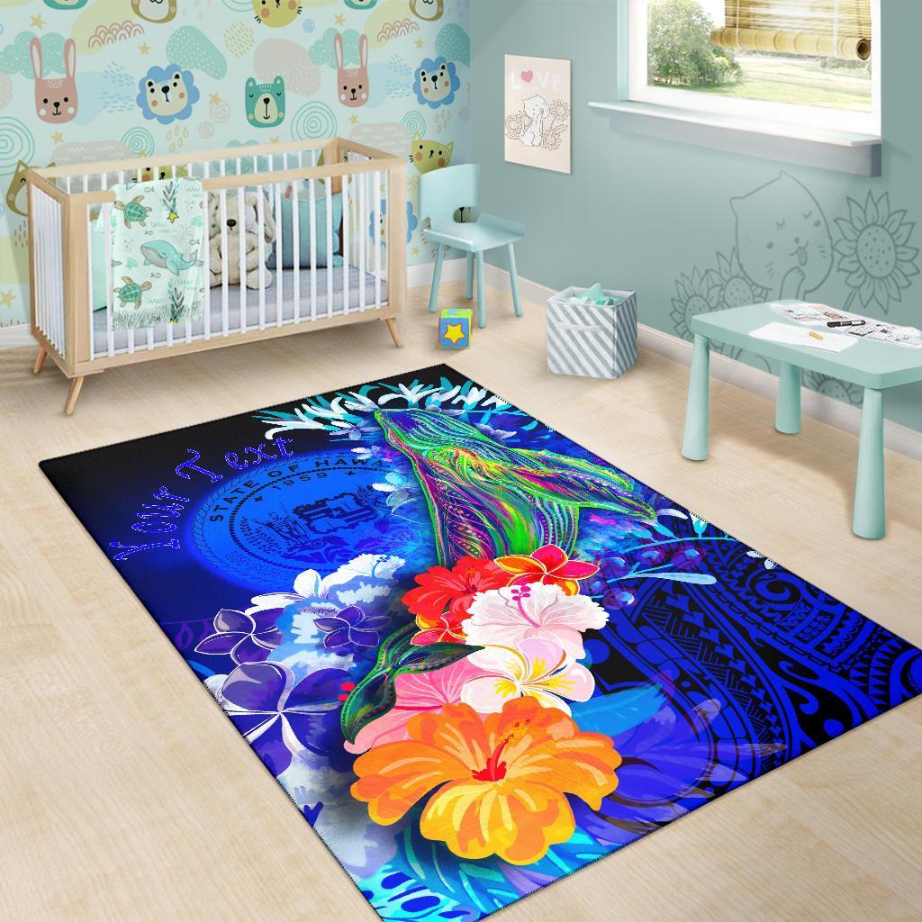 Polynesian Hawaii Custom Personalised Area Rug - Humpback Whale with Tropical Flowers (Blue) - Polynesian Pride