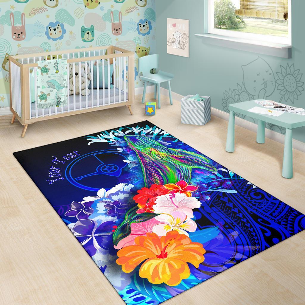 Custom Personalised Yap Area Rug - Humpback Whale with Tropical Flowers (Blue) - Polynesian Pride
