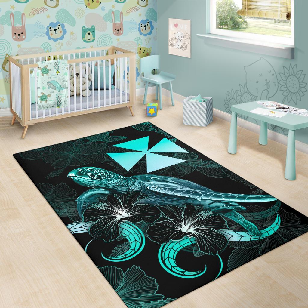 Wallis and Futuna Polynesian Area Rugs - Turtle With Blooming Hibiscus Turquoise - Polynesian Pride