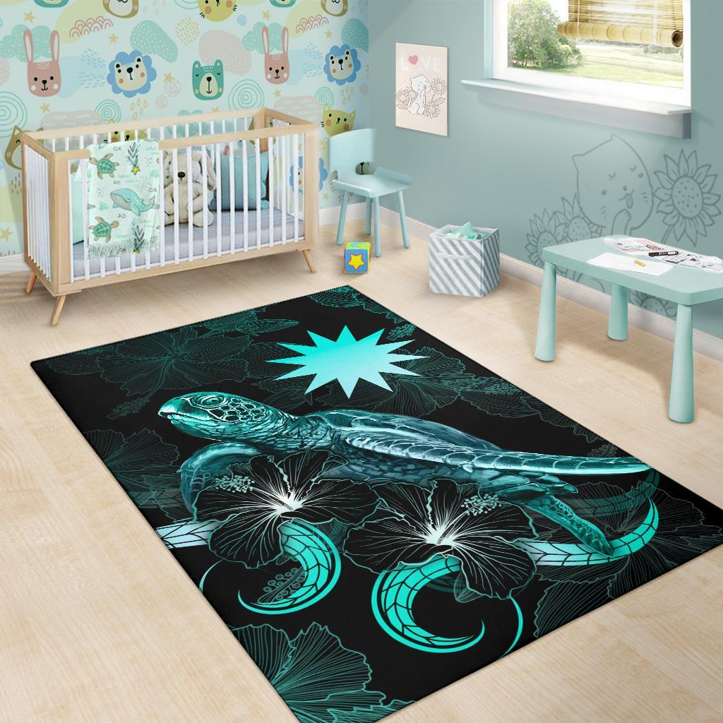 Nauru Polynesian Area Rugs - Turtle With Blooming Hibiscus Turquoise - Polynesian Pride