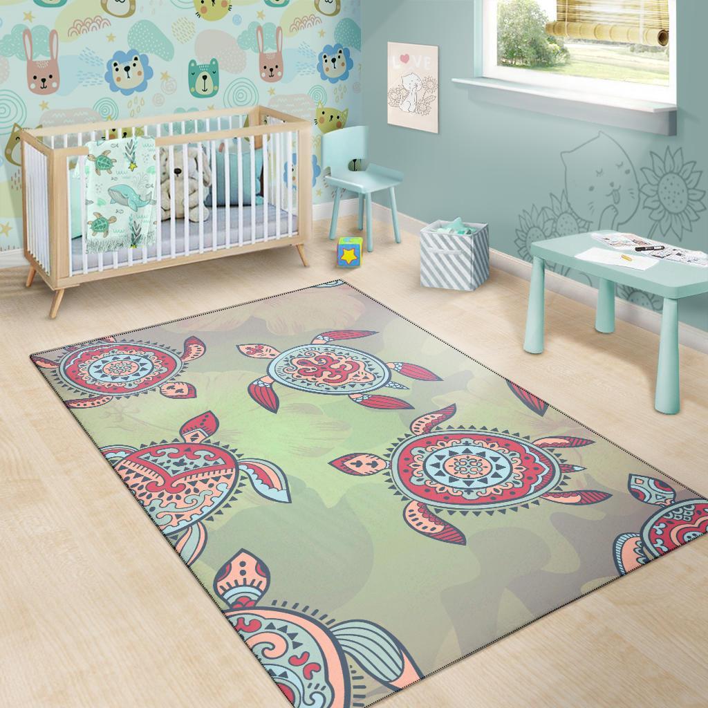 Turtle Colorful Hibiscus Backgorund Area Rug AH - Polynesian Pride