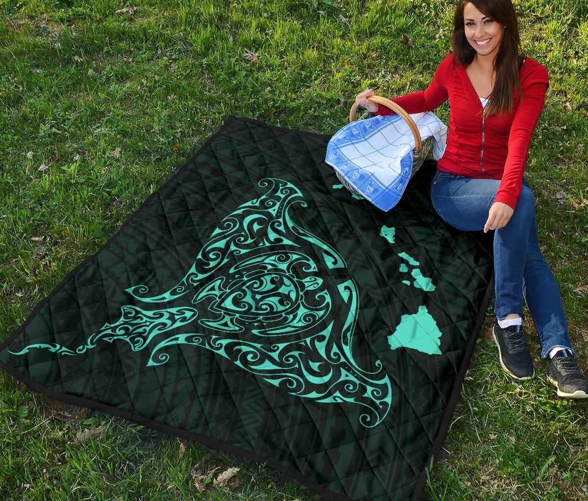 Rays Hawaii Map Polynesian Premium Quilt - Turquoise - Polynesian Pride