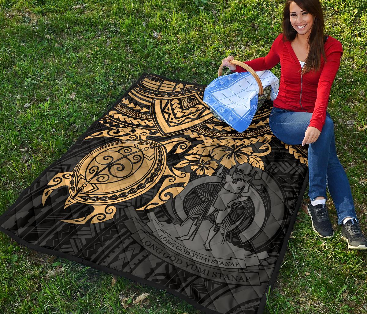 Vanuatu Polynesian Premium Quilt - Vanuatu Coat Of Arms & Gold Turtle Hibiscus - Polynesian Pride