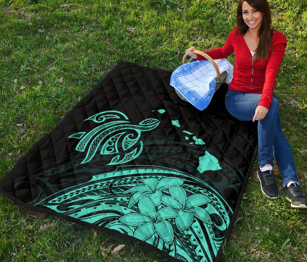 Hawaii Map Plumeria Polynesian Turquoise Premium Quilt - Polynesian Pride