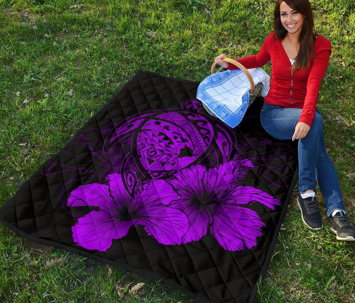 Hawaii Hibiscus Premium Quilt - Turtle Map - Purple - Polynesian Pride