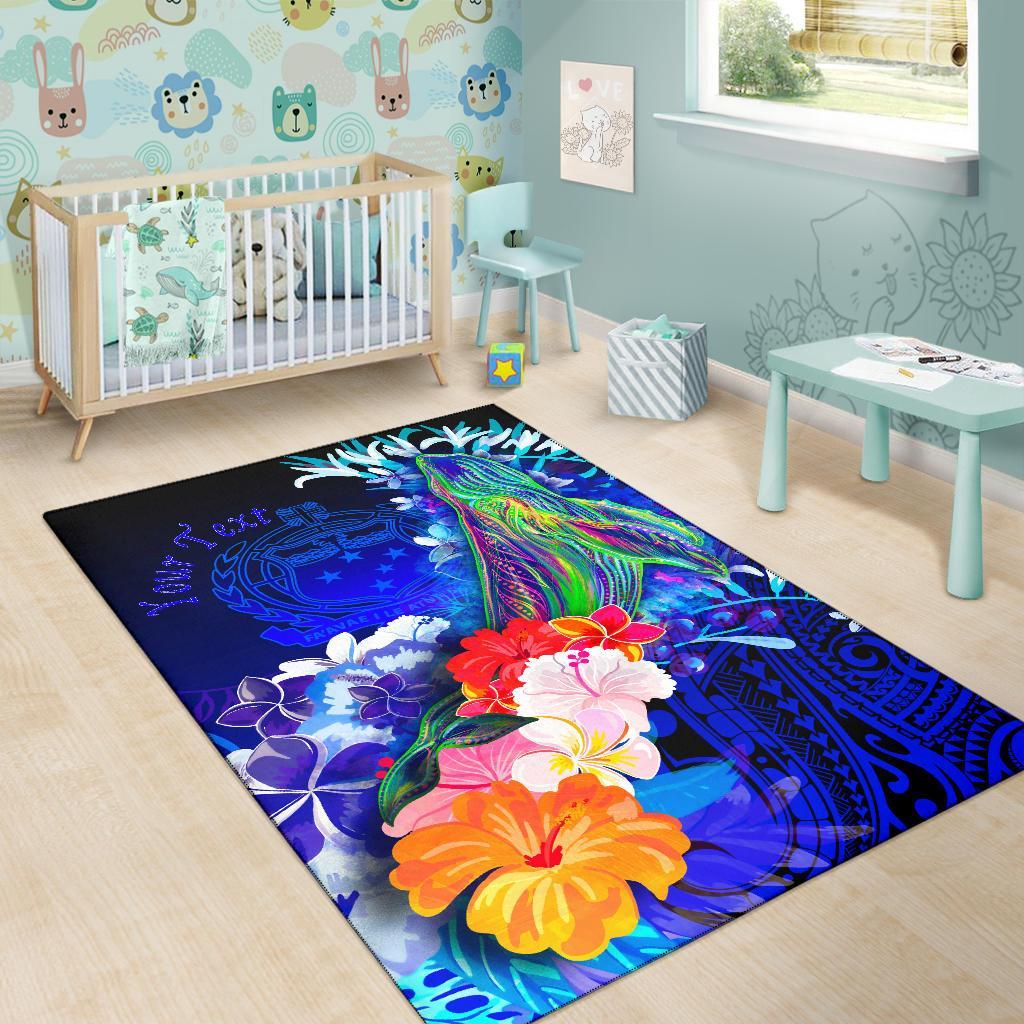 Custom Personalised Samoa Area Rug - Humpback Whale with Tropical Flowers (Blue) - Polynesian Pride