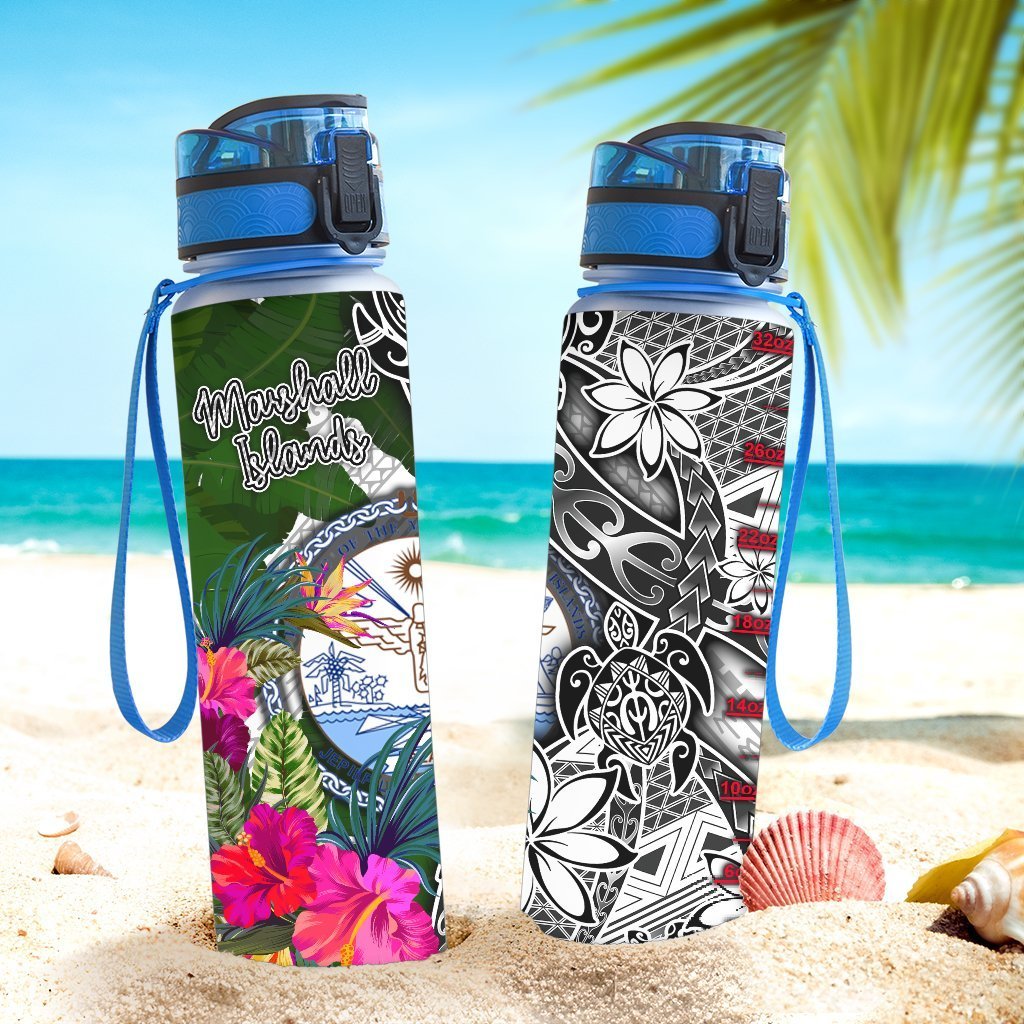 Marshall Islands Hydro Tracking Bottle White - Turtle Plumeria Banana Leaf Crest - Polynesian Pride