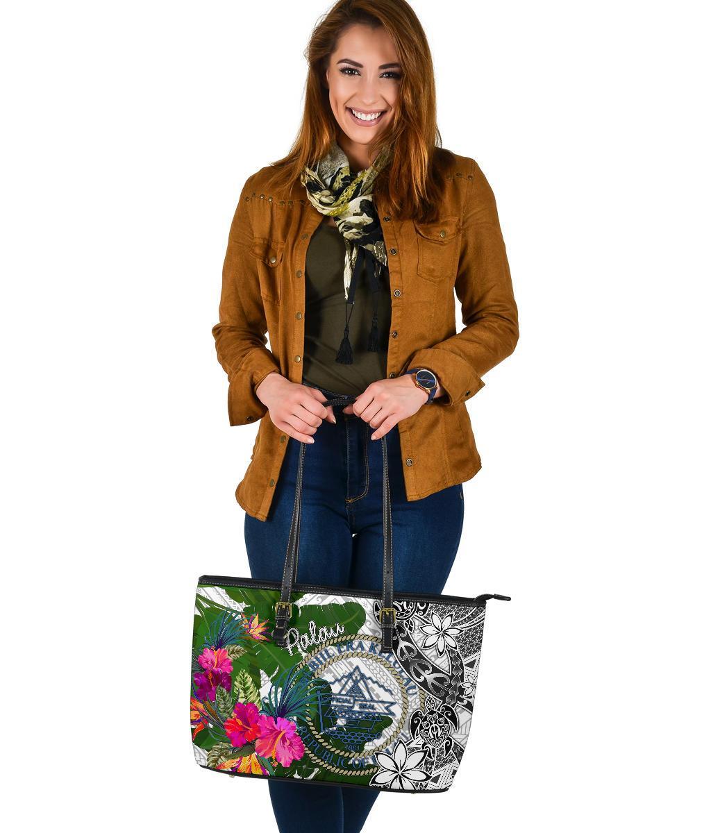 Palau Large Leather Tote Bag White - Turtle Plumeria Banana Leaf Crest - Polynesian Pride