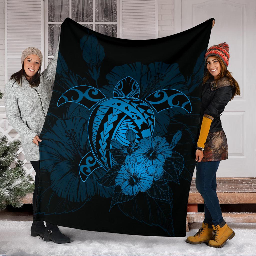 Hawaii Hibiscus Premium Blanket - Harold Turtle - Traffic Blue - Polynesian Pride