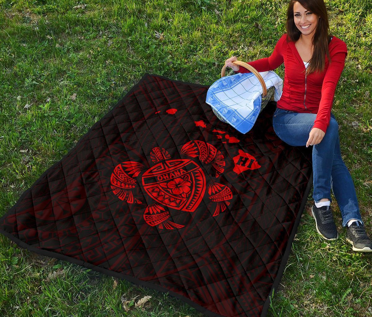 Hawaii Turtle Hibicus Map Premium Quilt - Red - Polynesian Pride