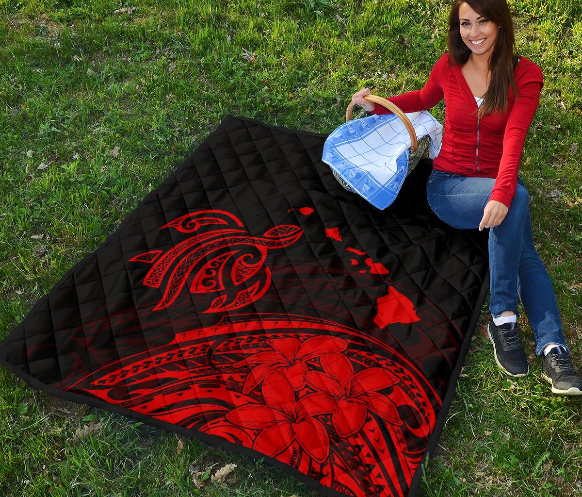 Hawaii Map Plumeria Polynesian Red Premium Quilt - Polynesian Pride